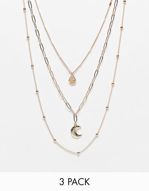 Pack de 3 collares dorados con cadena con esferas y colgante de luna de DesignB London 