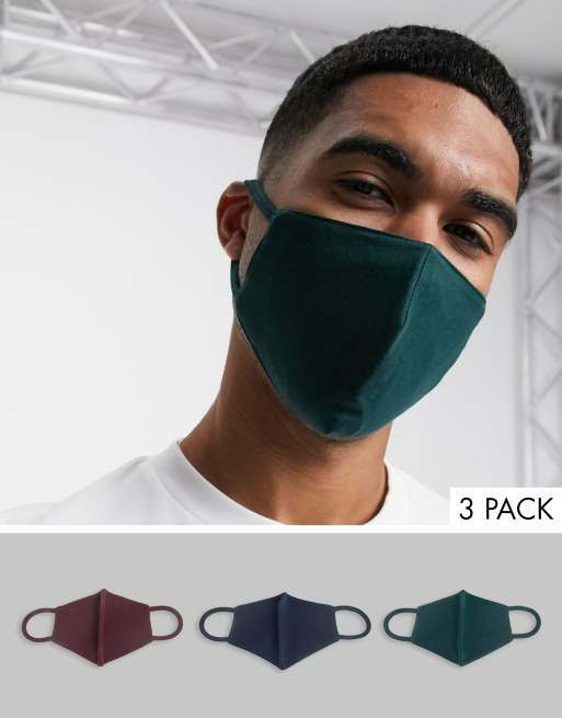Pack de 3 mascarillas de color burdeos, azul marino y caqui de punto liso de algodón de ASOS DESIGN