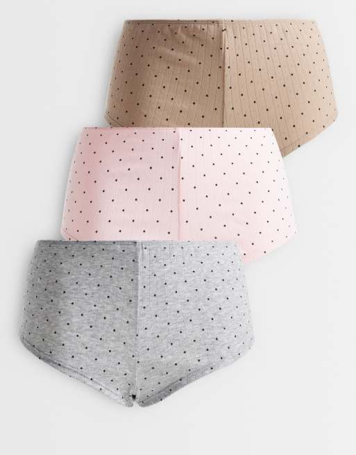 Pack de 3 pantalones cortos de color rosa y gris con estampado de lunares de pointelle de ASOS DESIGN