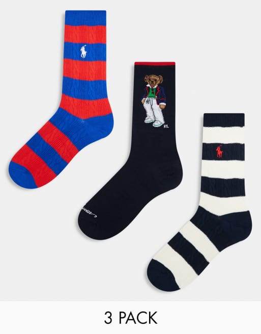 Pack de 3 pares de calcetines a rayas azules y crema, a rayas rojas y azules y con oso de Polo Ralph Lauren