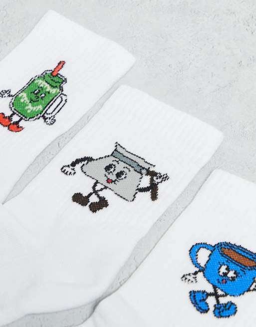 Pack de 3 pares de calcetines blancos con estampados gráficos de personajes cafeteros de ASOS DESIGN, 3 de 3