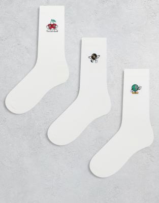 Pack de 3 pares de calcetines blancos con estampados gráficos de personajes de ASOS DESIGN