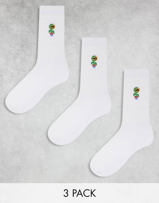 Pack de 3 pares de calcetines blancos con plantas bordadas de ASOS DESIGN