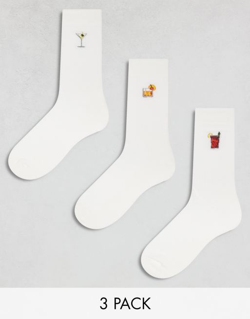 Pack de 3 pares de calcetines color crudo con bordado de bebidas de ASOS DESIGN