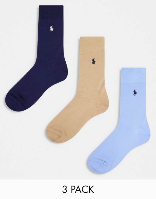 Pack de 3 pares de calcetines de color azul, beis y azul marino de algodón mercerizado de Polo Ralph Lauren
