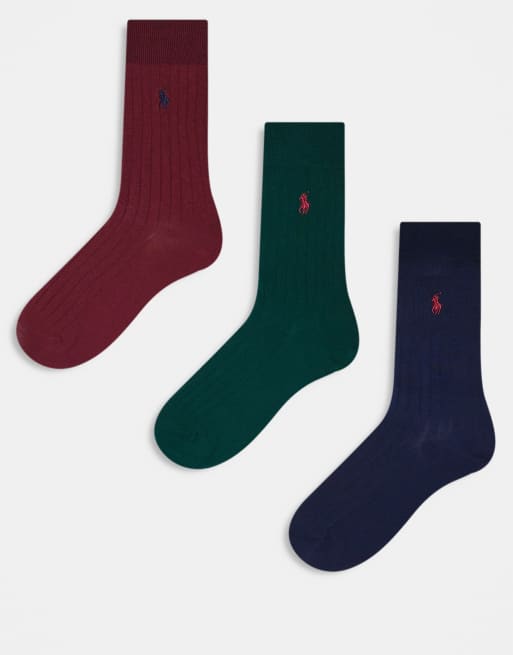 Pack de 3 pares de calcetines de color azul marino, burdeos y verde con logo de algodón egipcio de Polo Ralph Lauren