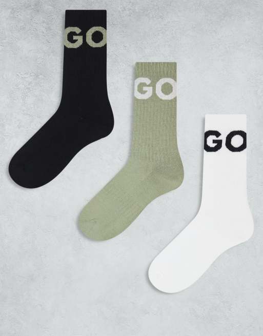 Pack de 3 pares de calcetines de color blanco, negro y verde claro para zapatillas de deporte con logo grande de canalé de HUGO Red