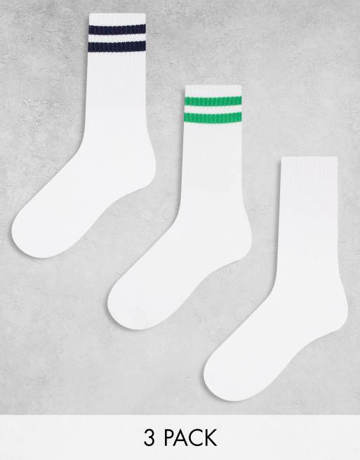 Pack de 3 pares de calcetines de color blanco y a rayas verdes y azul marino Sport Core de PIECES