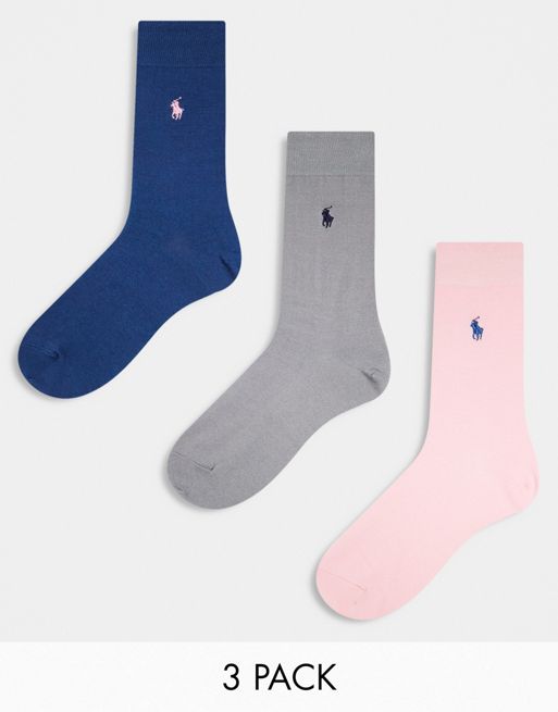 Pack de 3 pares de calcetines de color rosa, gris y azul marino con logo de algodón mercerizado de Polo Ralph Lauren