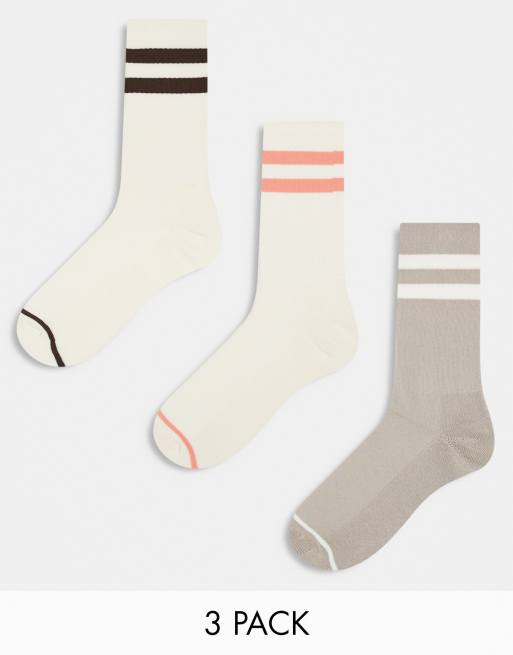 Pack de 3 pares de calcetines de tubo color piedra medio con dos rayas de River Island