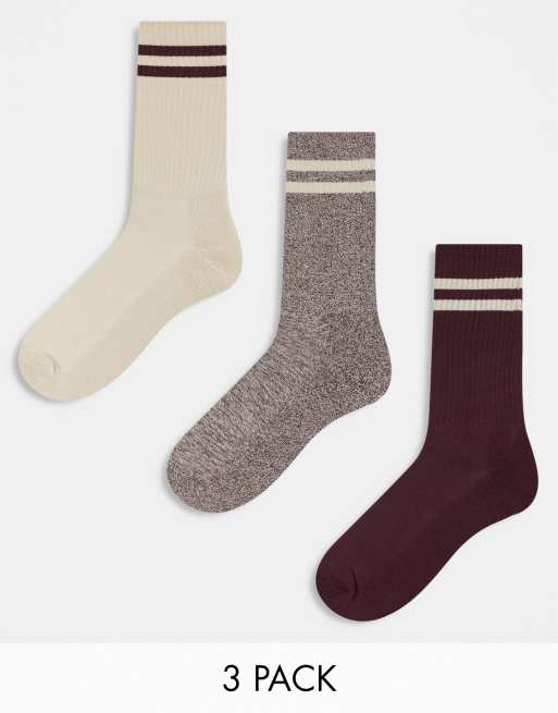 Pack de 3 pares de calcetines de tubo de color rojo oscuro y beis con rayas dobles de River Island