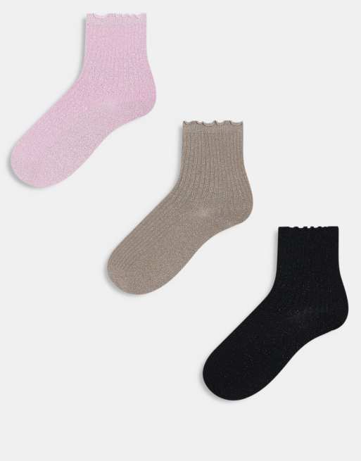 Pack de 3 pares de calcetines de varios colores con volante en el borde y acabado de purpurina de Vero Moda