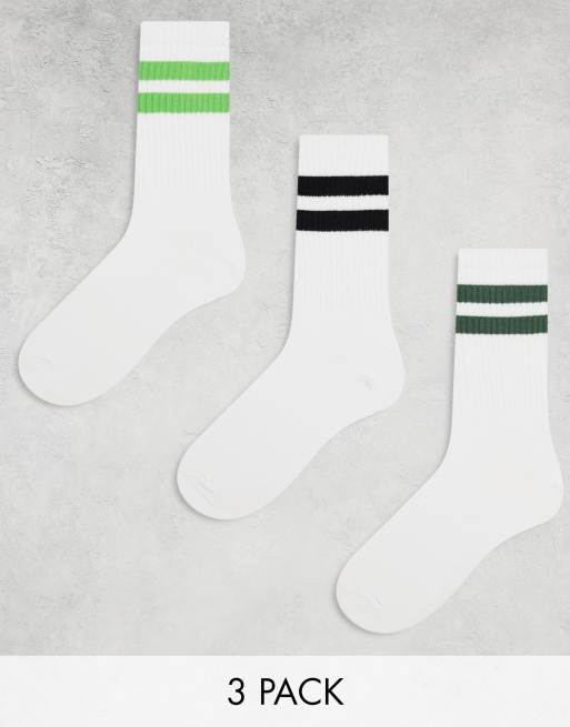 Pack de 3 pares de calcetines deportivos blancos a rayas negras y verdes de Weekday