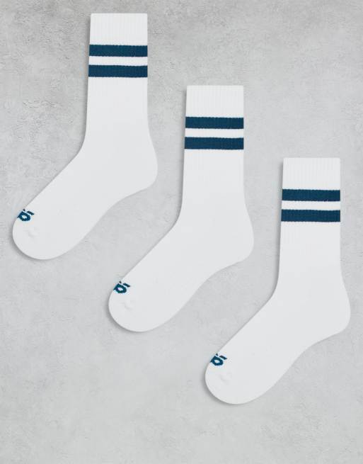 Pack de 3 pares de calcetines deportivos blancos con 2 rayas color azul espuma marina de tejido de secado rápido de 4505