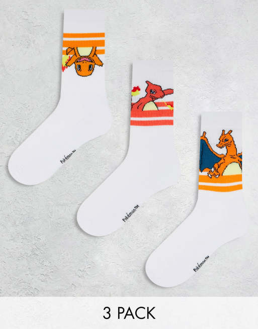 Pack de 3 pares de calcetines deportivos blancos con rayas y estampado de Pokémon Sunset de ASOS DESIGN