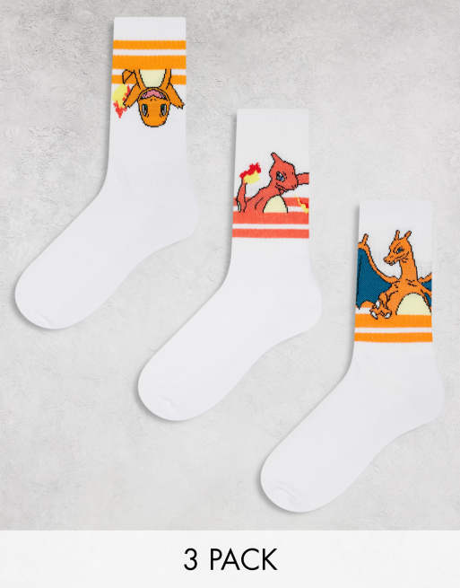 Pack de 3 pares de calcetines deportivos blancos con rayas y estampado de Pokémon Sunset de ASOS DESIGN