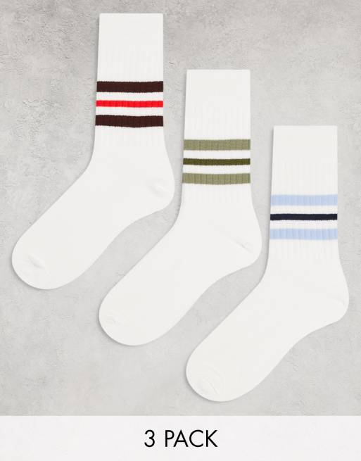 Pack de 3 pares de calcetines deportivos color crudo a rayas de colores de canalé de ASOS DESIGN