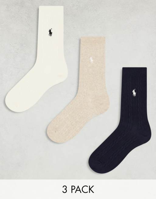 Pack de 3 pares de calcetines deportivos de color azul marino, crema y beis con logo de caballo de Polo Ralph Lauren