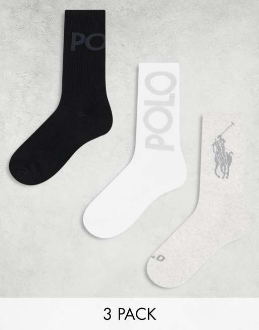 Pack de 3 pares de calcetines deportivos de color blanco, gris y negro con logo de Polo Ralph Lauren