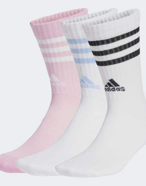 Pack de 3 pares de calcetines deportivos de color blanco y rosa auténtico con 3 rayas Cushioned de adidas Performance