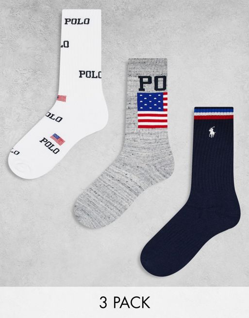 Pack de 3 pares de calcetines deportivos de color gris, blanco y azul marino con estampado integral del Short de bandera de mats polo Ralph Lauren