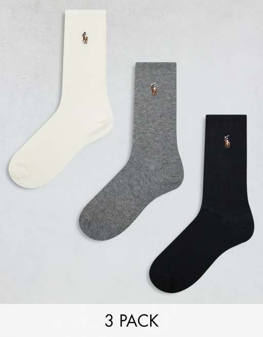 Pack de 3 pares de calcetines deportivos de color negro, gris y crema con logo de caballo de Polo Ralph Lauren