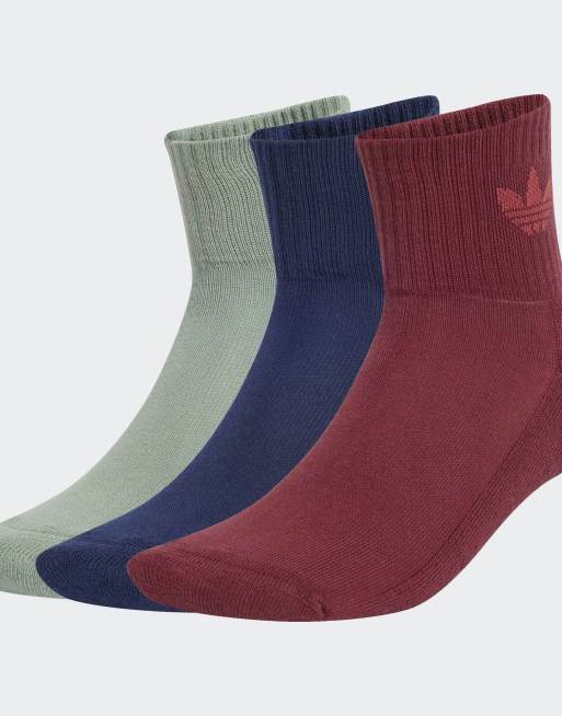 Pack de 3 pares de calcetines deportivos de color rojo sombra, verde plateado y azul marino de media caña de adidas Originals