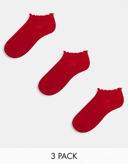 Pack de 3 pares de calcetines tobilleros rojos con volantes en el borde de ASOS DESIGN 