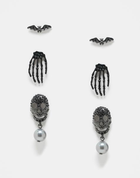 Pack de 3 pares de pendientes con diseño de esqueleto y murciélago de ASOS DESIGN - view 1