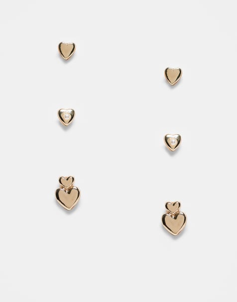 Pack de 3 pares de pendientes dorados con diseños de corazones abullonados de ASOS DESIGN - view 1