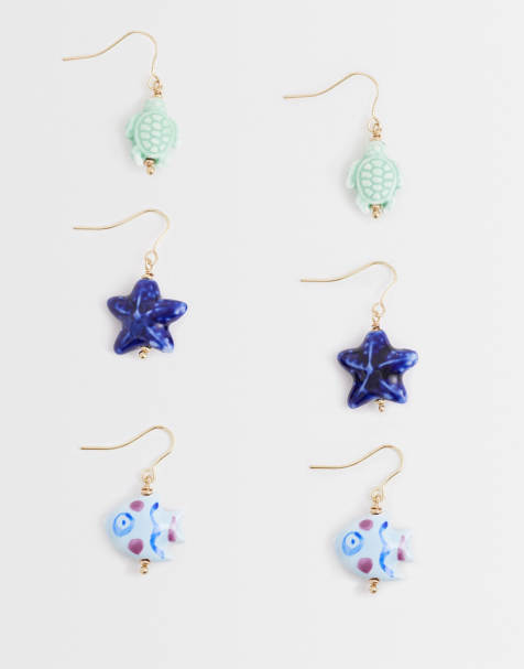 Pack de 3 pendientes de aro azules con diseño de pez de cerámica de Accessorize - view 1