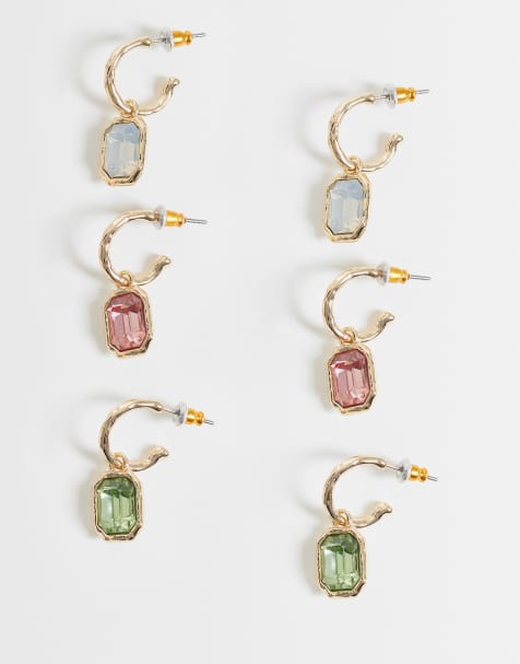 Pack de 3 pendientes de aro color pastel con colgantes de gema de Accessorize - view 1