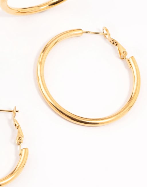 Pack de 3 pendientes de aro dorados grandes básicos de acero inoxidable resistente al agua chapados en oro de Lovisa, 3 de 3