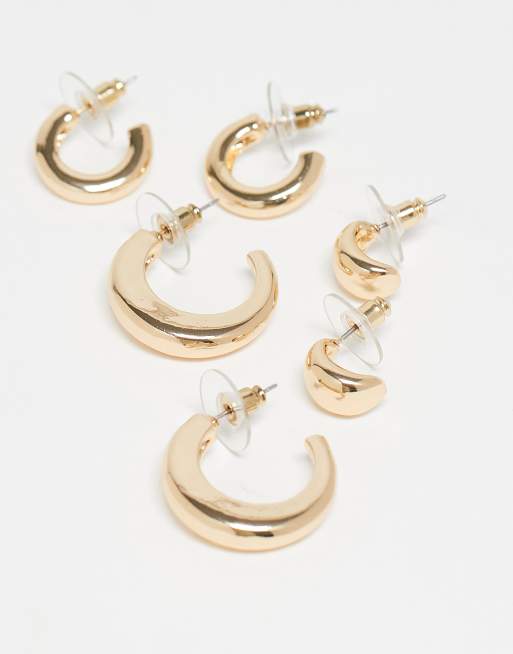 Pack de 3 pendientes de aro pequeños dorados y con diseño de lágrima de DesignB London, 3 de 3