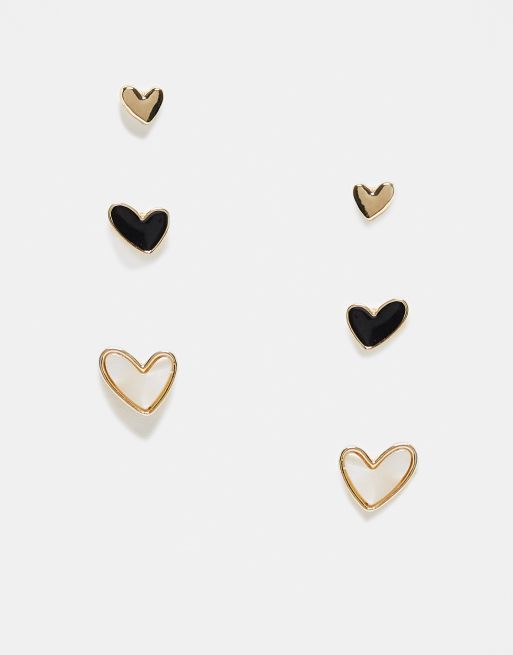 Pack de 3 pendientes de botón dorados con diseño en forma de corazón de perla sintética y esmalte negro de FhyzicsShops DESIGN