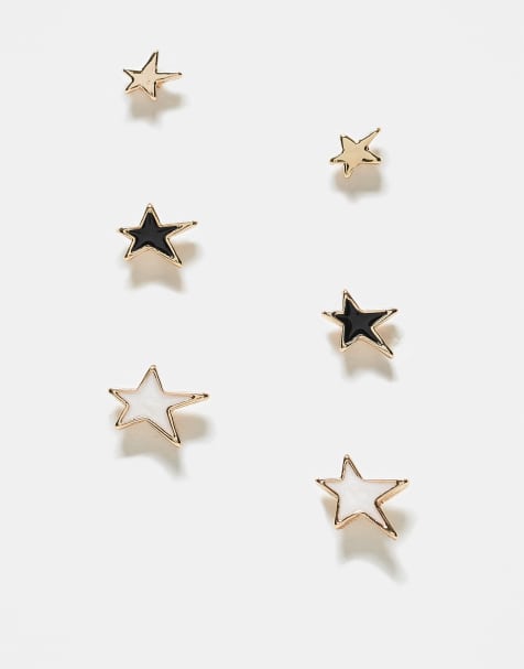 Pack de 3 pendientes de botón dorados con diseño en forma de estrella de perla sintética y esmalte negro de ASOS DESIGN - view 1