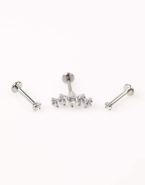 Pack de 3 pendientes de botón plateados con parte trasera plana y diseño trepador de circonitas de acero quirúrgico de Lovisa - view 1
