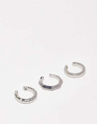 Pack de 3 pendientes ear cuff plateados con diseños angulosos de ASOS DESIGN