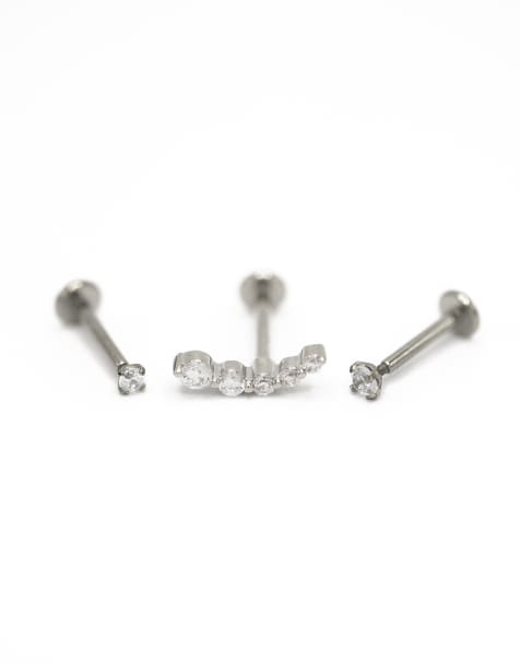 Pack de 3 piercings plateados de titanio con parte trasera plana, detalle de esfera y circonitas de Lovisa - view 1