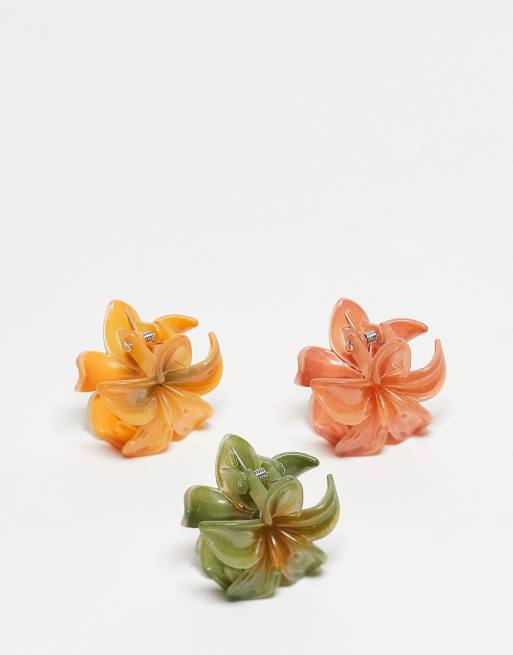 Pack de 3 pinzas para el cabello pequeñas de color verde y naranja en forma de flores hawaianas de Pieces