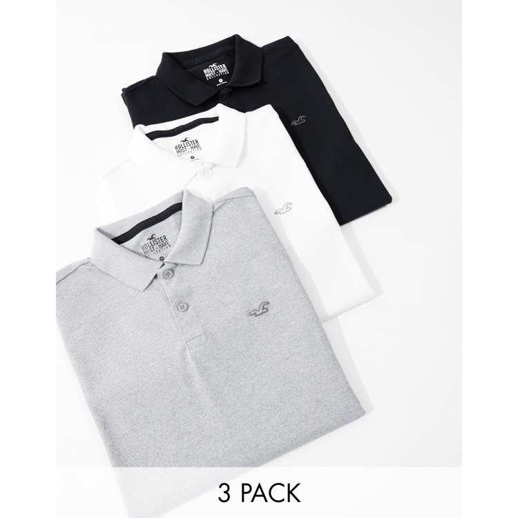 Pack de 3 polos de color negro gris y blanco con logo de pique Icon de Hollister ASOS