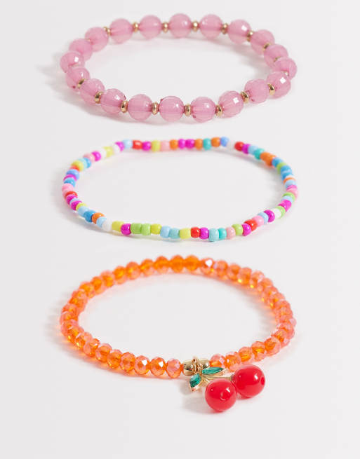 Pack de 3 pulseras multicolores con diseño de cuentas y charms de cerezas de South Beach