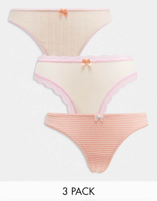 Pack de 3 tangas a rayas color melocotón con ribete, de pointelle y de canalé de ASOS DESIGN