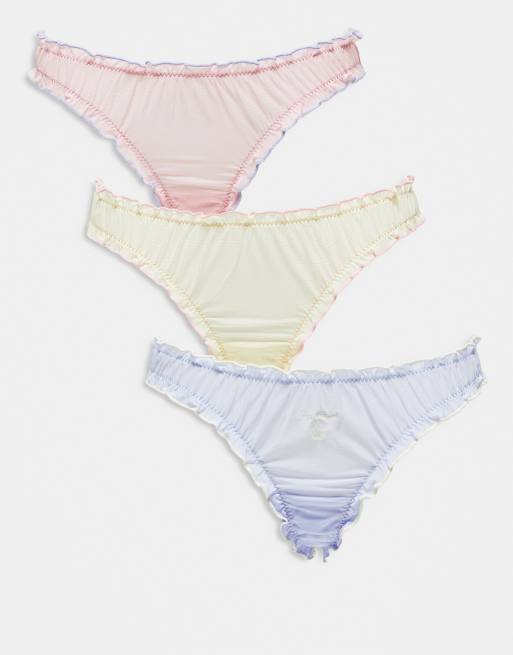 Pack de 3 tangas de color amarillo, azul y rosa fruncidos con bordados de conchas de ASOS DESIGN