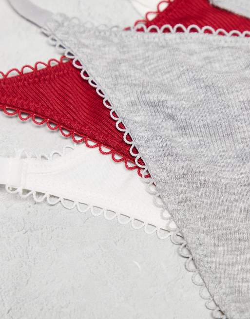 Pack de 3 tangas de color blanco, burdeos y gris jaspeado de canalé suave con ribete de puntilla de ASOS DESIGN, 3 de 3