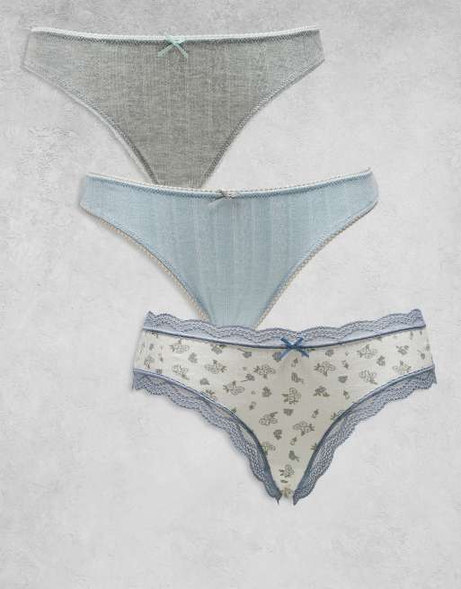 Pack de 3 tangas de color gris, azul y estampado de florecitas de punto pointelle de ASOS DESIGN