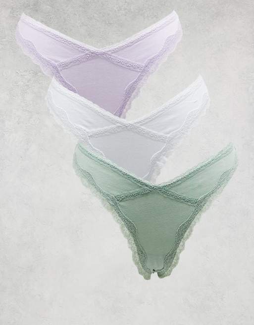 Pack de 3 tangas de color lila, salvia y blanco de pernera alta con ribetes de encaje Viv de ASOS DESIGN