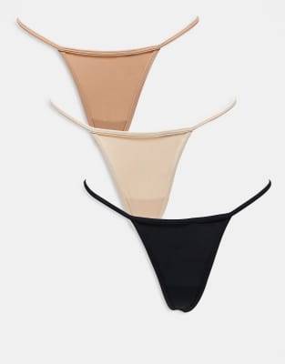 Pack de 3 tangas de hilo de color negro, café con leche y beis arce
