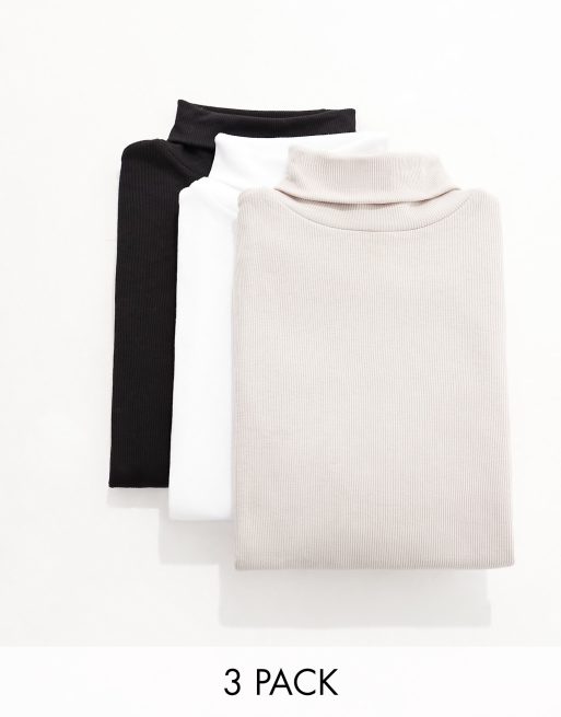 Pack de 3 tops de color negro, crema y visón con cuello vuelto de canalé de New Look