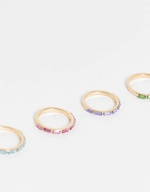 Tóxico Absorber sensación Pack de 4 anillos de varios colores con diseño de cristales de talla  baguette de ASOS DESIGN | ASOS